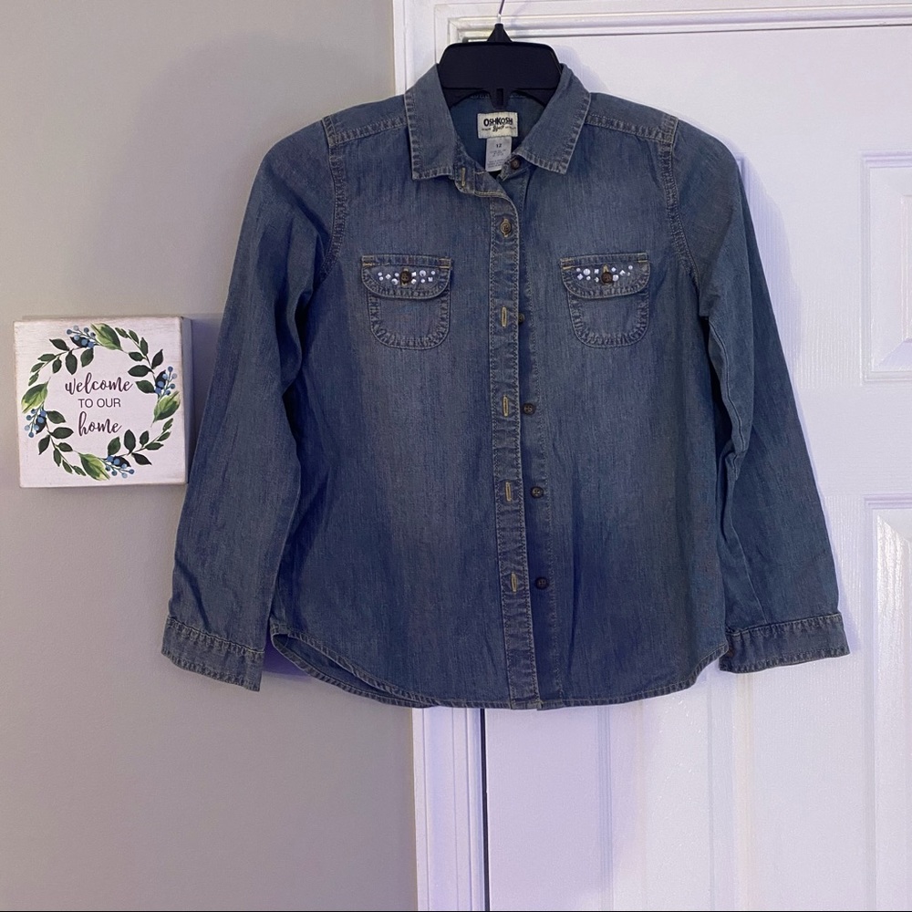 Oshkosh Girls Jeweled Pocket Blue Denim Chambray Shirt Size 12 Button Down